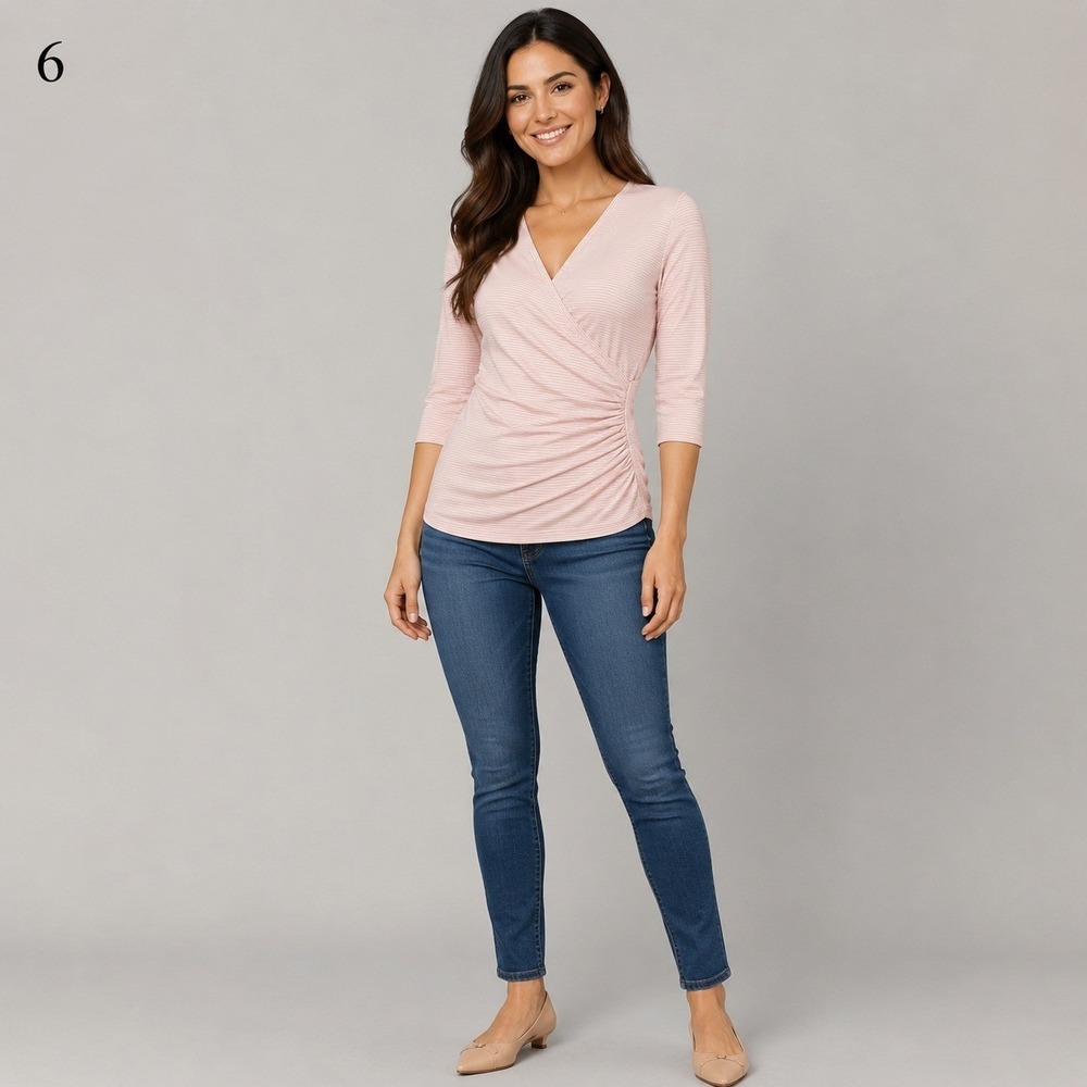 Sundance Top Womens Small Pink Gray Stripe Cotton Ruched Sides V-Neck